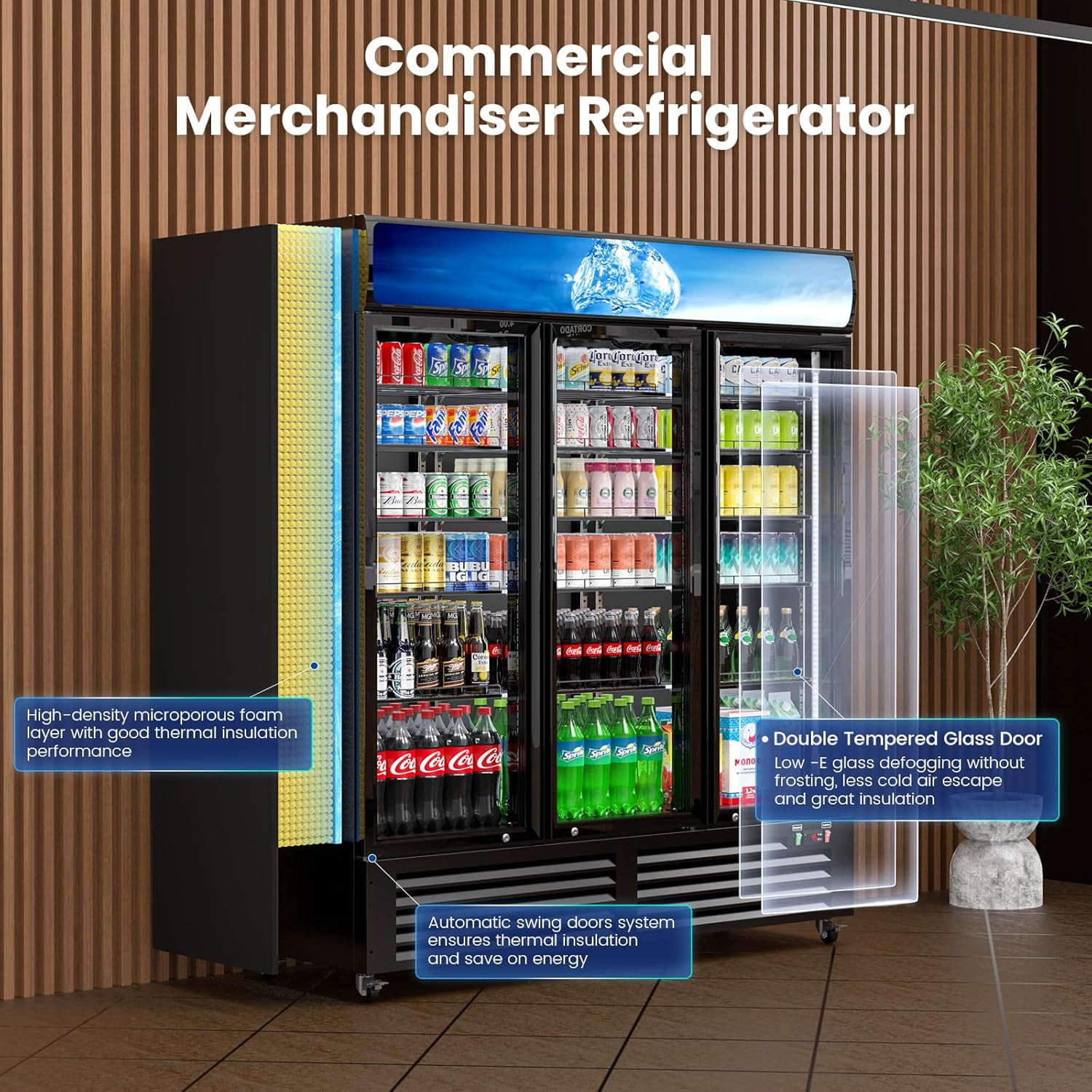 56 Cu Ft Commercial Beverage Cooler - 3 Glass Door Display Fridge, High-Capacity for Restaurant, Bar, Shop