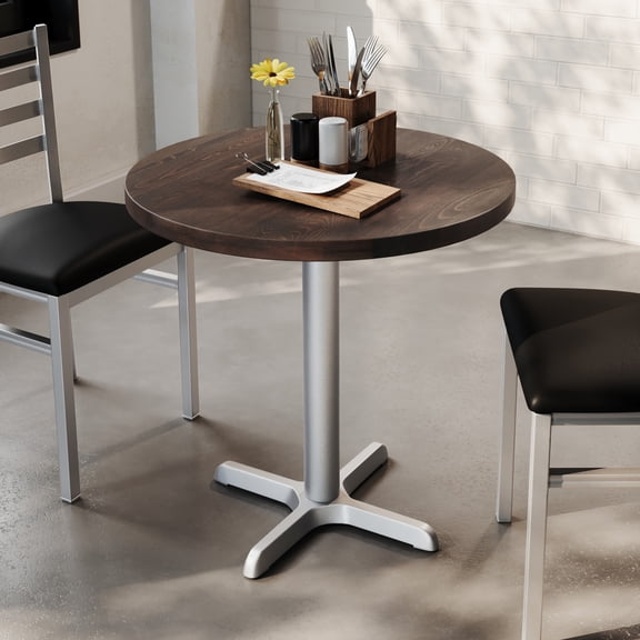 Flash Furniture 30" Round Solid Wood Commercial Indoor Tabletop in Dark Brown with 22" x 22" Table Height Rust-Resistant Silver Cast Iron X-Base