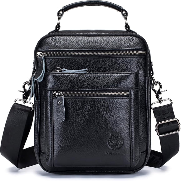 SCHLATUM Bolso Mensajero de Cuero Genuino para Hombre - Bolso Cruzado de Alta Capacidad para Trabajo y Viaje, Se Adapta a iPad de 10.5 Pulgadas, Negro