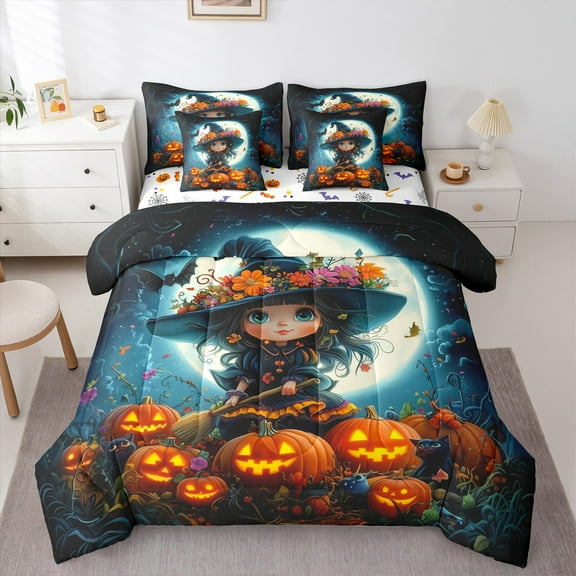 jejeloiu Kawaii Girls Twin Bedding Sets 7-Piece,Halloween Pumpkin Lantern Bedding Comforter Set,Colorful Rustic Flower Sheet Sets For Child,Ultra Soft Bedroom Decorative Reversible