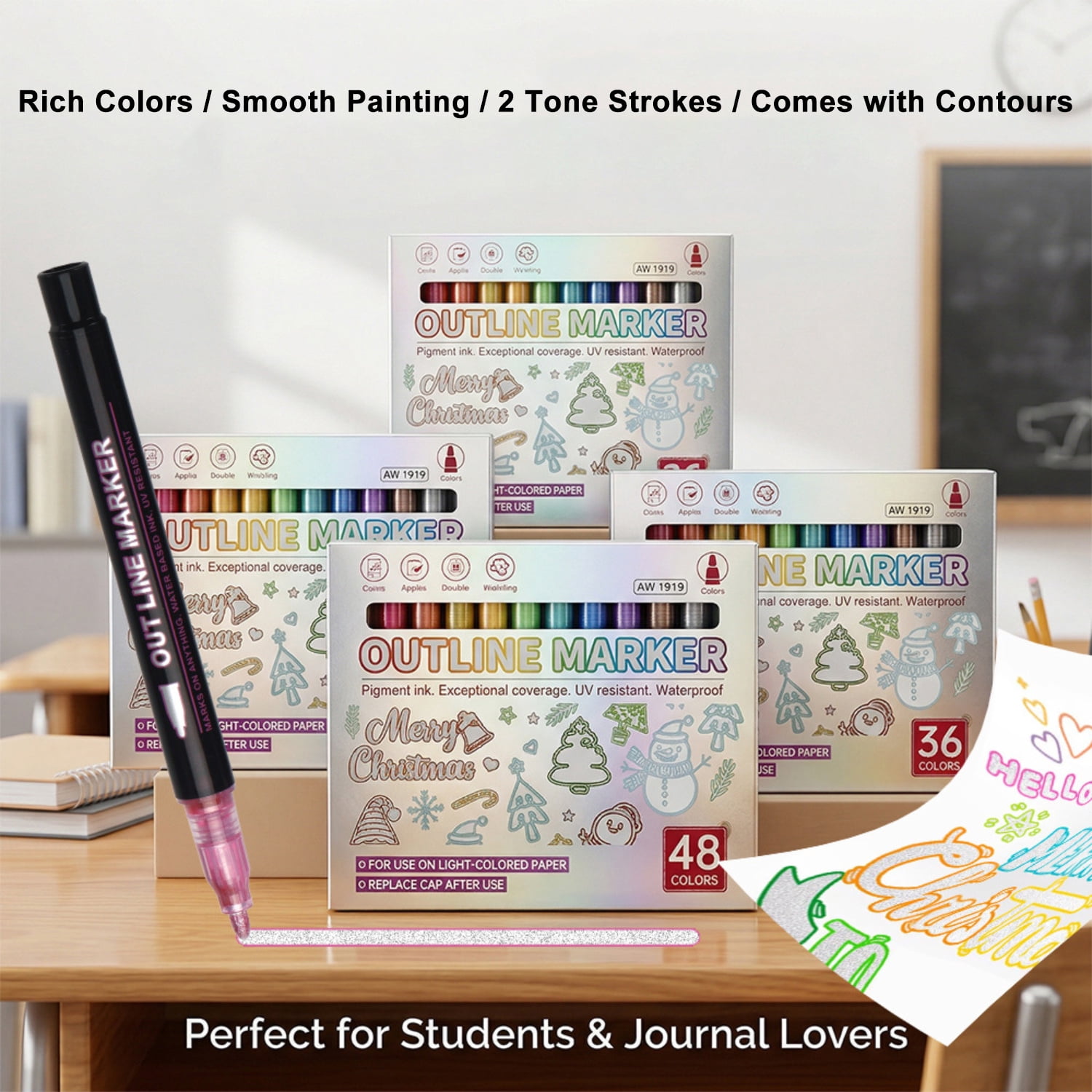 36 Colors Double Line Outline Markers, Metallic Shimmer Glitter Pens for DIY Cards, Journaling, Hand Lettering, Signature Drawing, Scrapbooking, Art Craft Marker Set