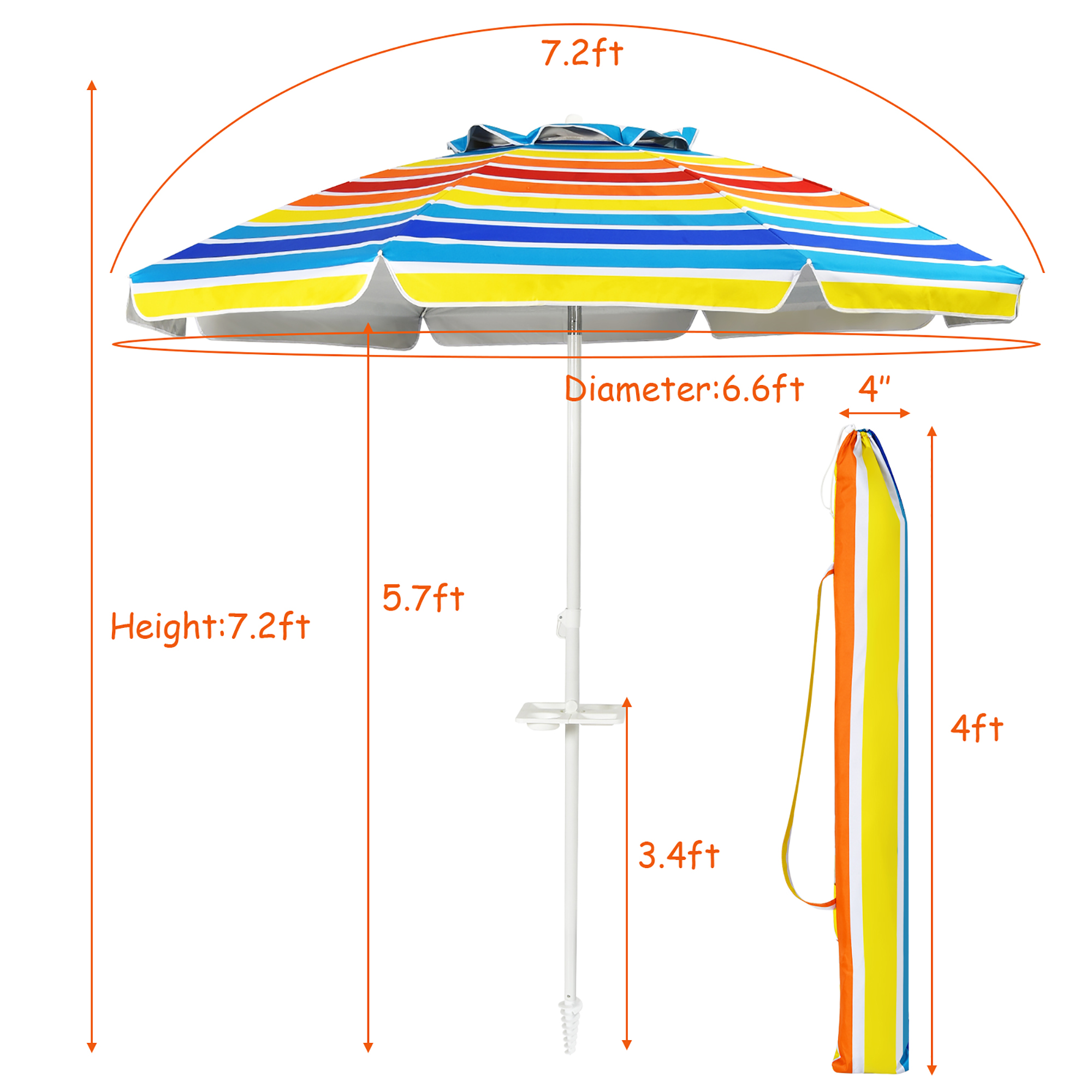 Costway 7.2 FT Portable Beach Umbrella Tilt Sand Anchor Cup Holder W/Carry Bag Rainbow - image 3 of 9