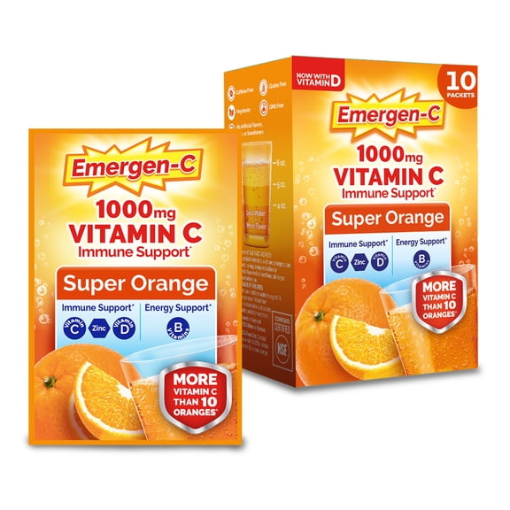 Emergen-C 1000 Mg Vitamin C Powder for Immune Support, Super Orange Flavor - 10 Count