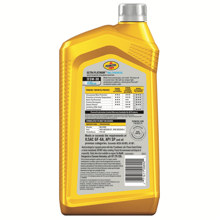 Pennzoil Ultra Platinum 5W 30 Full Synthetic Motor Oil 1 Quart