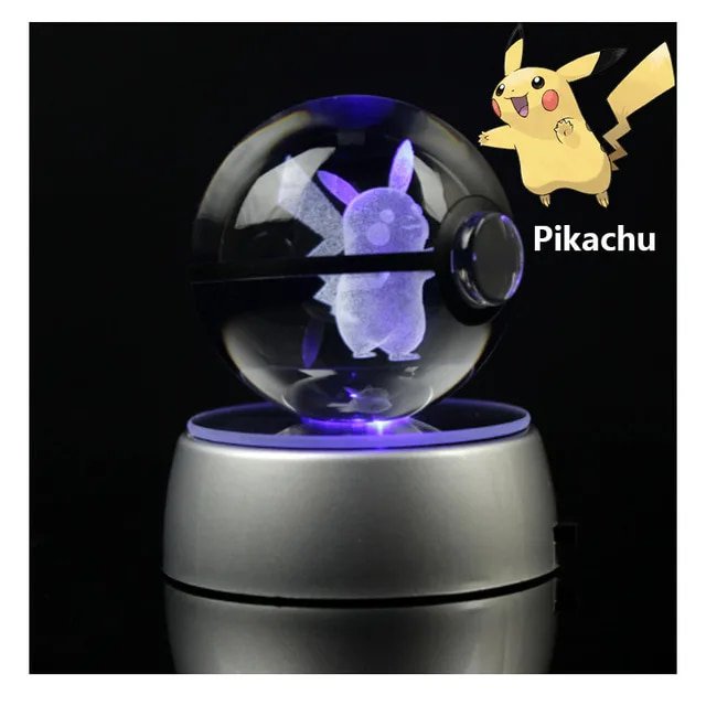 Pokemon 3D bola de cristal figura de Pikachu Pokeball grabado modelo Charizard de cristal con Base de luz Led juguetes Anime regalo de Navidad