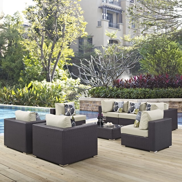 Modway Convene 8 Piece Outdoor Patio Sectional Set in Espresso Beige
