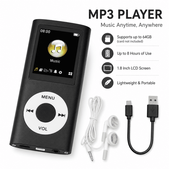 MP3 Player,Portable Digital Audio Player,Portable Lossless Sound Slim Music Player with Earphone,1.8 Inch LCD Screen Digital Music Player Support Up to 64GB,Black