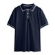 thumbnail image 4 of Playera Elvqul para Hombre Azul Marino Playa de Color Sólido Manga Corta Solapa Abotonada, 4 of 5