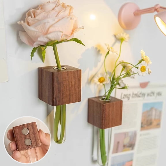 Dserhfy 2 Pcs Mini Vase Magnet for Fridge Wall Mounted Vase 3D Magnetic Wooden Vase Holder with Test Tube Fridge Attachment Vase for Kitchen Bedroom Office Decoration