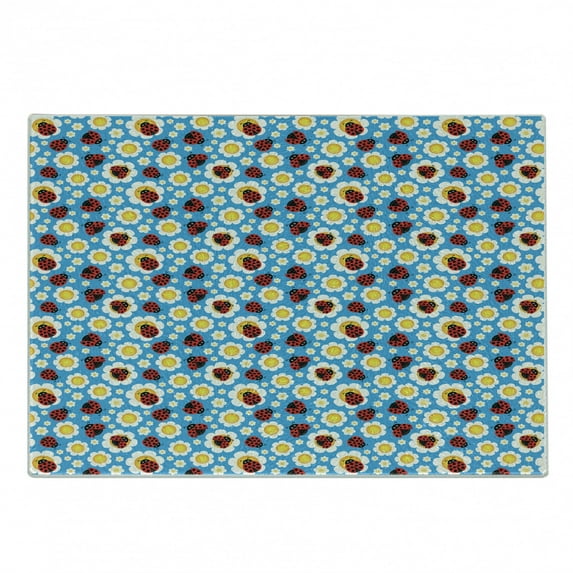 Ladybugs Cutting Board, Abstract Daisies with Dotted Bugs Insects Ornamental Blooming Nature Inspirations, Decorative Tempered Glass Cutting and Serving Board, Small Size, Multicolor, by Ambesonne