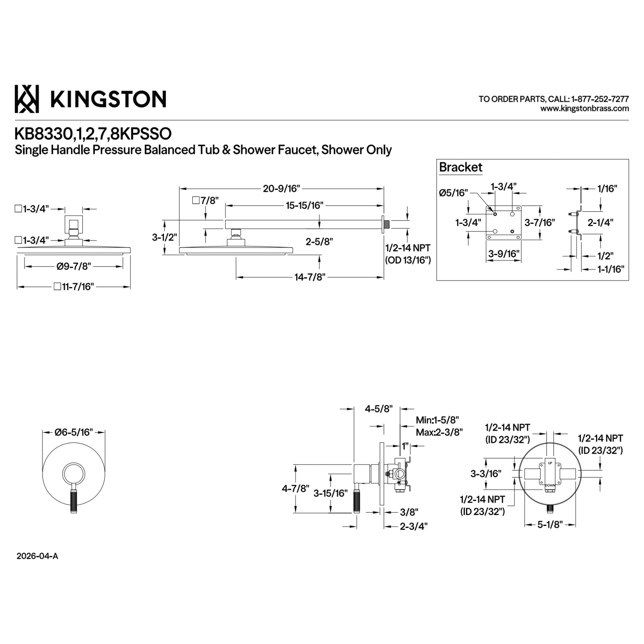 Kingston Brass KB8338KPSSO Verona Single-Handle Pressure Balanced Shower Faucet, Brushed Nickel