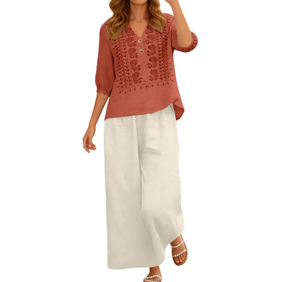 Summer Solid Color Embroidered V Neck Three Quarter Sleeve Top and Wide Leg Pants Two Piece Outfit for Women Beach Brick Red L