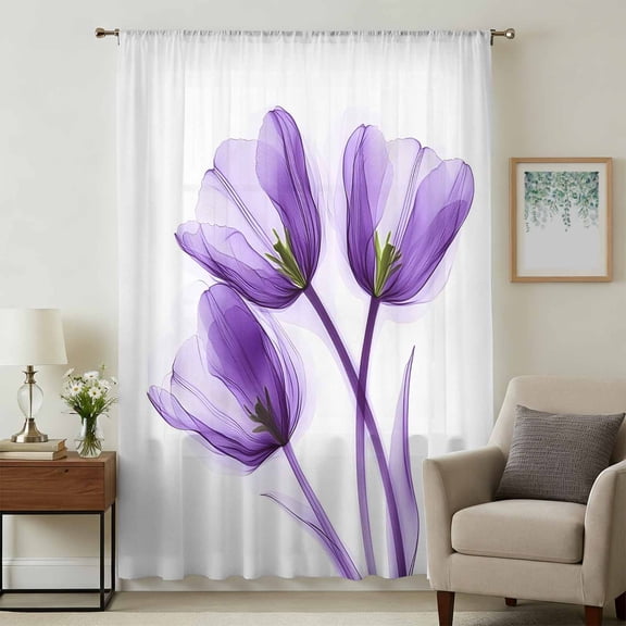 Luxury Purple Tulip Sheer Curtains 45 Inches Long, Watercolor Spring Rustic Floral Light Filering Curtains, Breathable Simi Curtain Privacy Drapes for Kitchen Bathroom Small Window Treatment