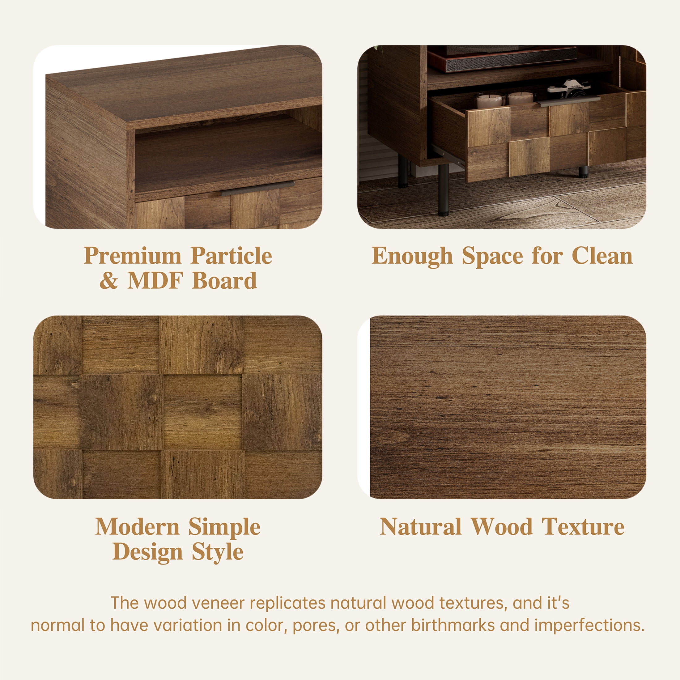 Noble House TV Stand for TVs up to 85'' with 2 Storage Cabinets, Drawers and Open Shelves, Natural