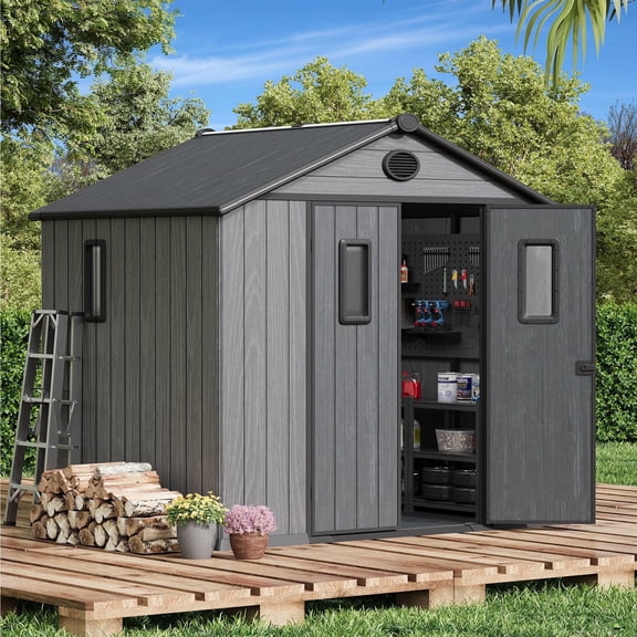 Bezseller 8*6 Outdoor Storage Tool Shed with Door and Floor, 16mm Thick Panel Plastic Outdoor Storage Shed with Steel Frame, Gray