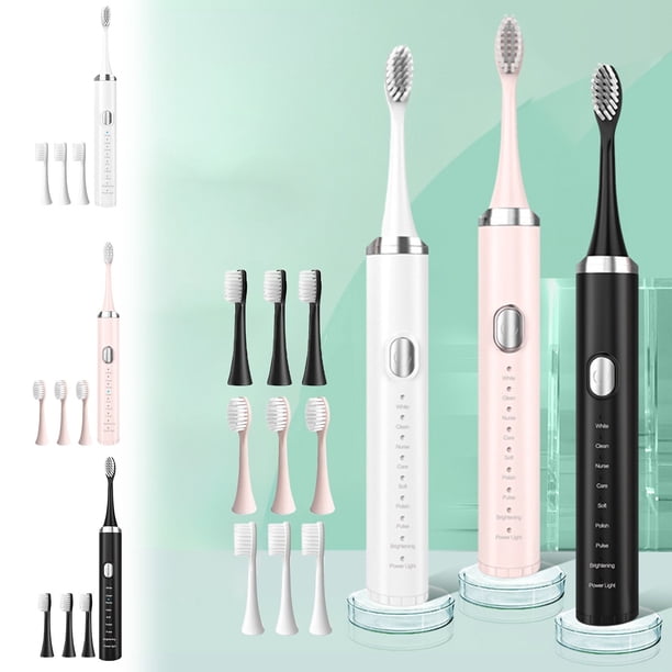 Cepillo de dientes eléctrico con 8 cabezas y temporizador - IPX7 impermeable, 8 modos, USB recargable, portátil para viajar - Blanco y rosa