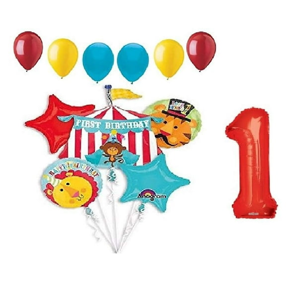 DalvayDelights 1st First Birthday Party #1 Red Circus Monkey Lion Tiger Tent 12 Piece Mylar and Latex Balloons Set