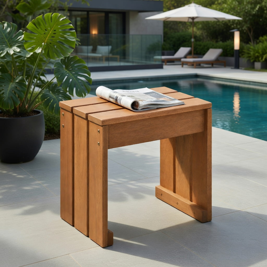 Hommoo Wood Backless Garden Bench for Patio, Balcony & Indoor Use, Compact Single-Seat Outdoor Bench, Easy Assembly, Natural