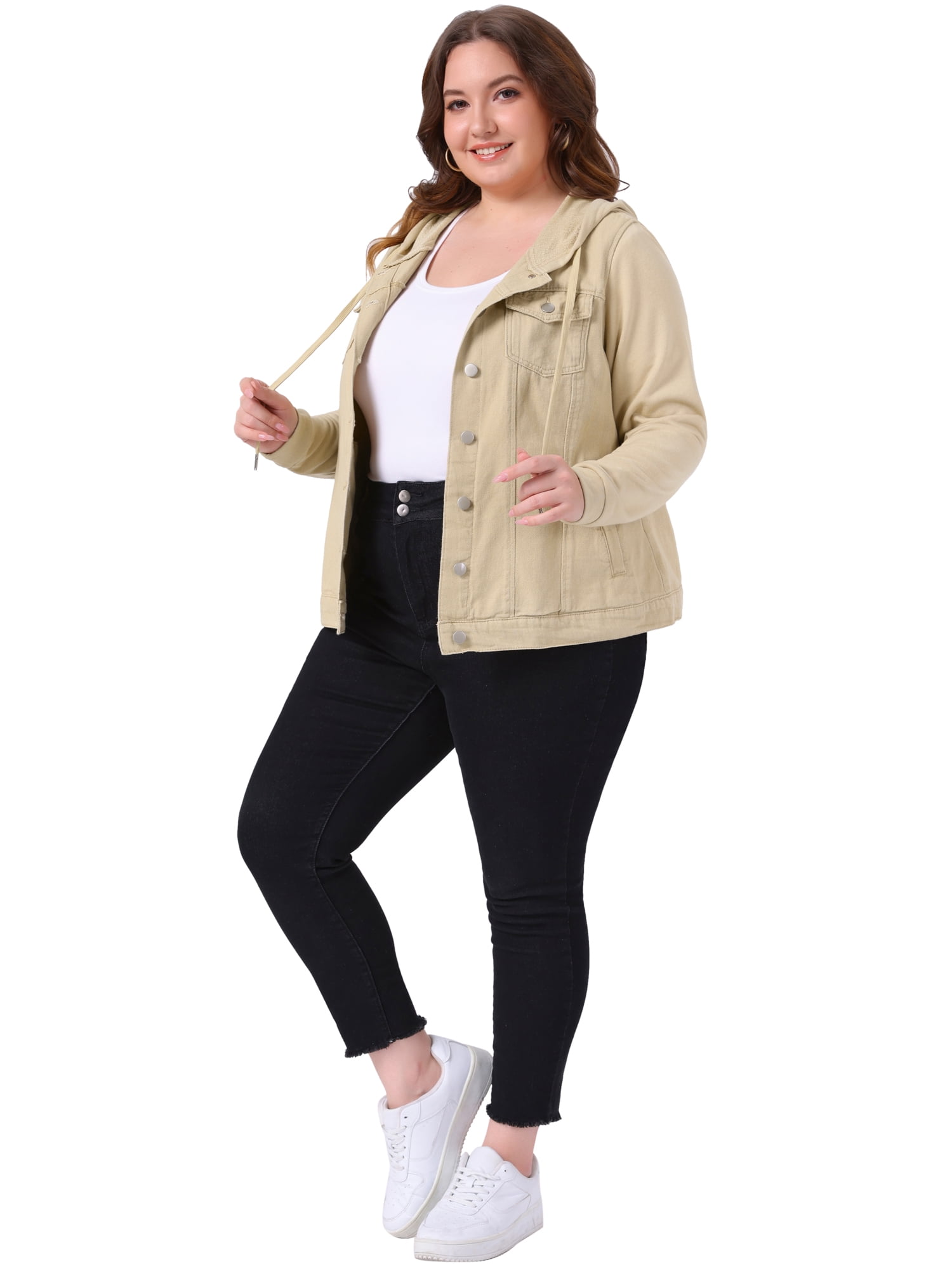 DARING DIVA Women's Plus Size Hood Long Sleeve Hoodie Jean Jacket 1X Khaki