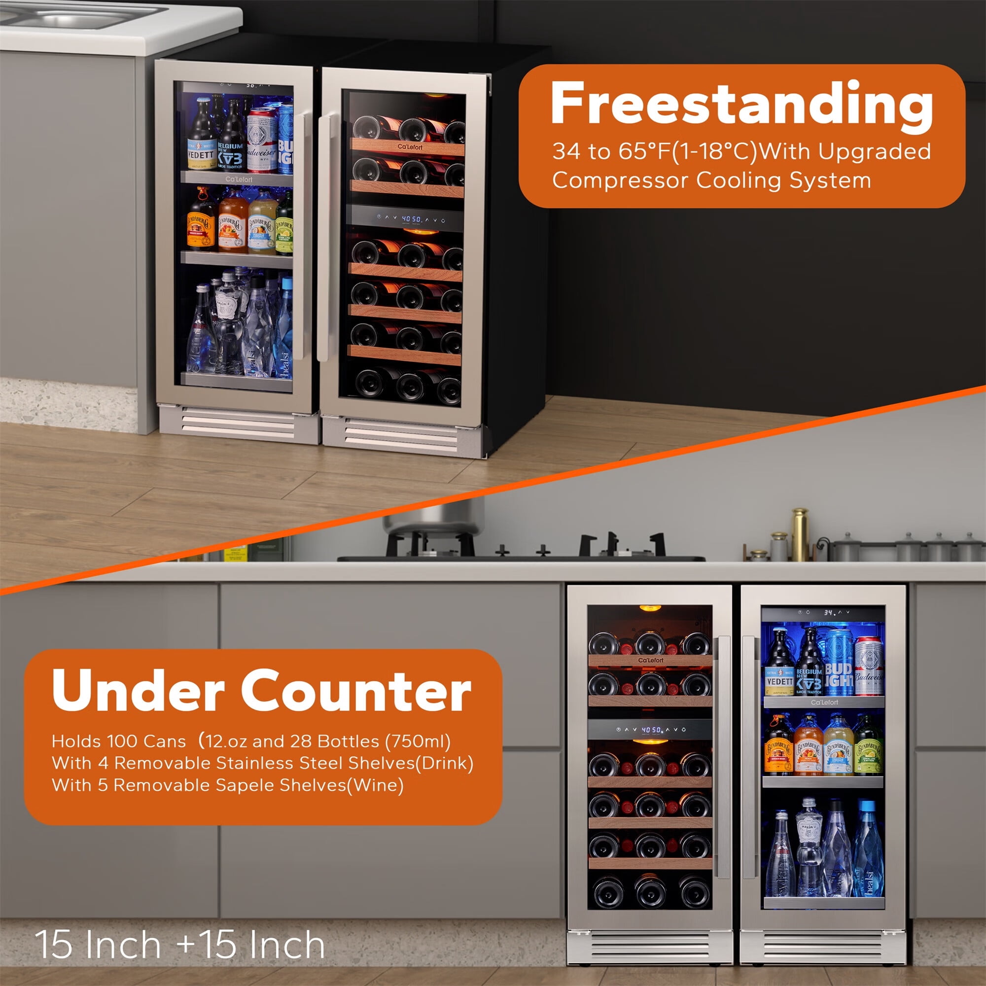 Ca'Lefort 30 Inch Wine Cooler Beverage Refrigerator, Hold 100 Cans and 28 Bottles Dual Zone Wine Fridge Freestanding & Built-in with Stainless Steel Frame for Kitchen Office
