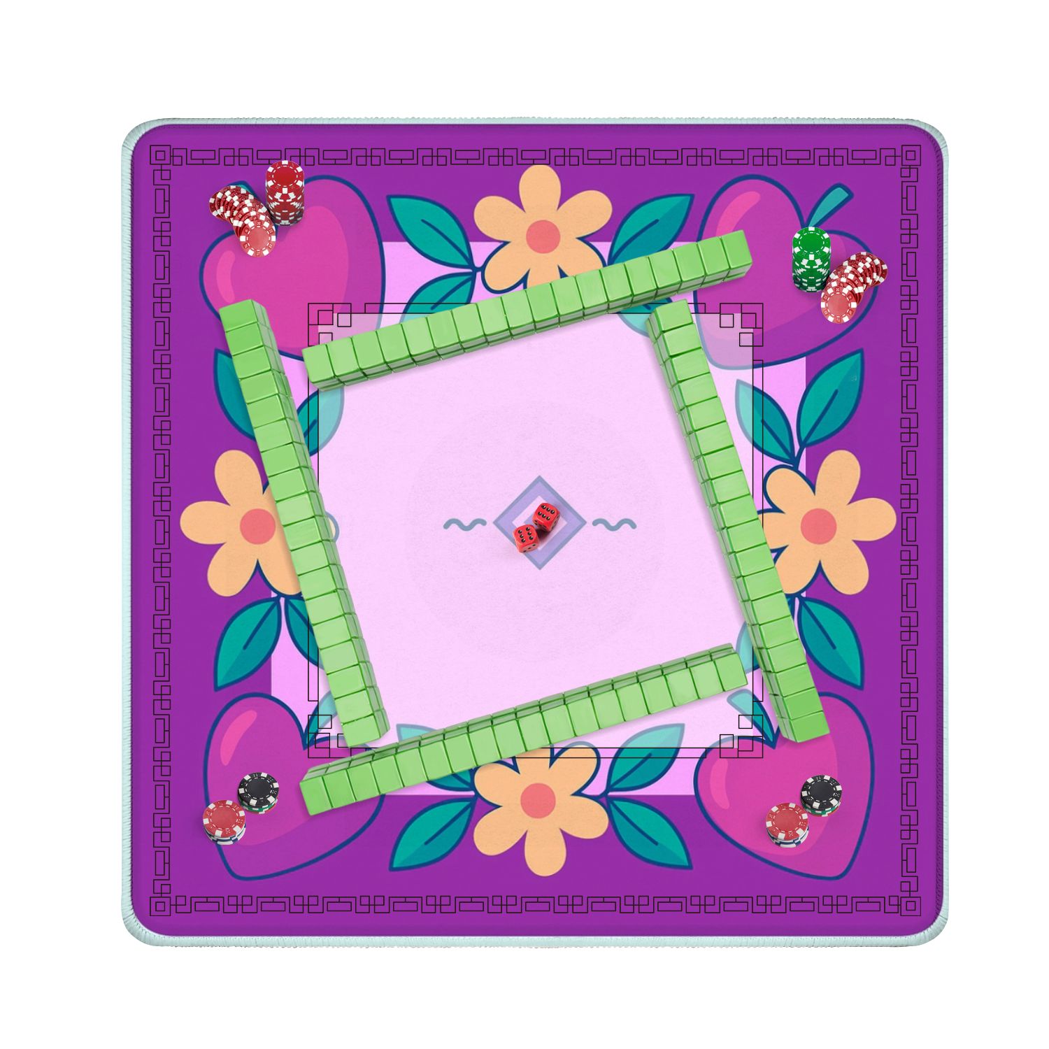 Mahjong Mat 31.5" x 31.5" Colorful Heart Flower Frame Geometric Center Anti-Slip and Noise Reduction Symmetry Design Mahjong Tiles Table Cover for Dominoes Poker Card Board and Tile Games