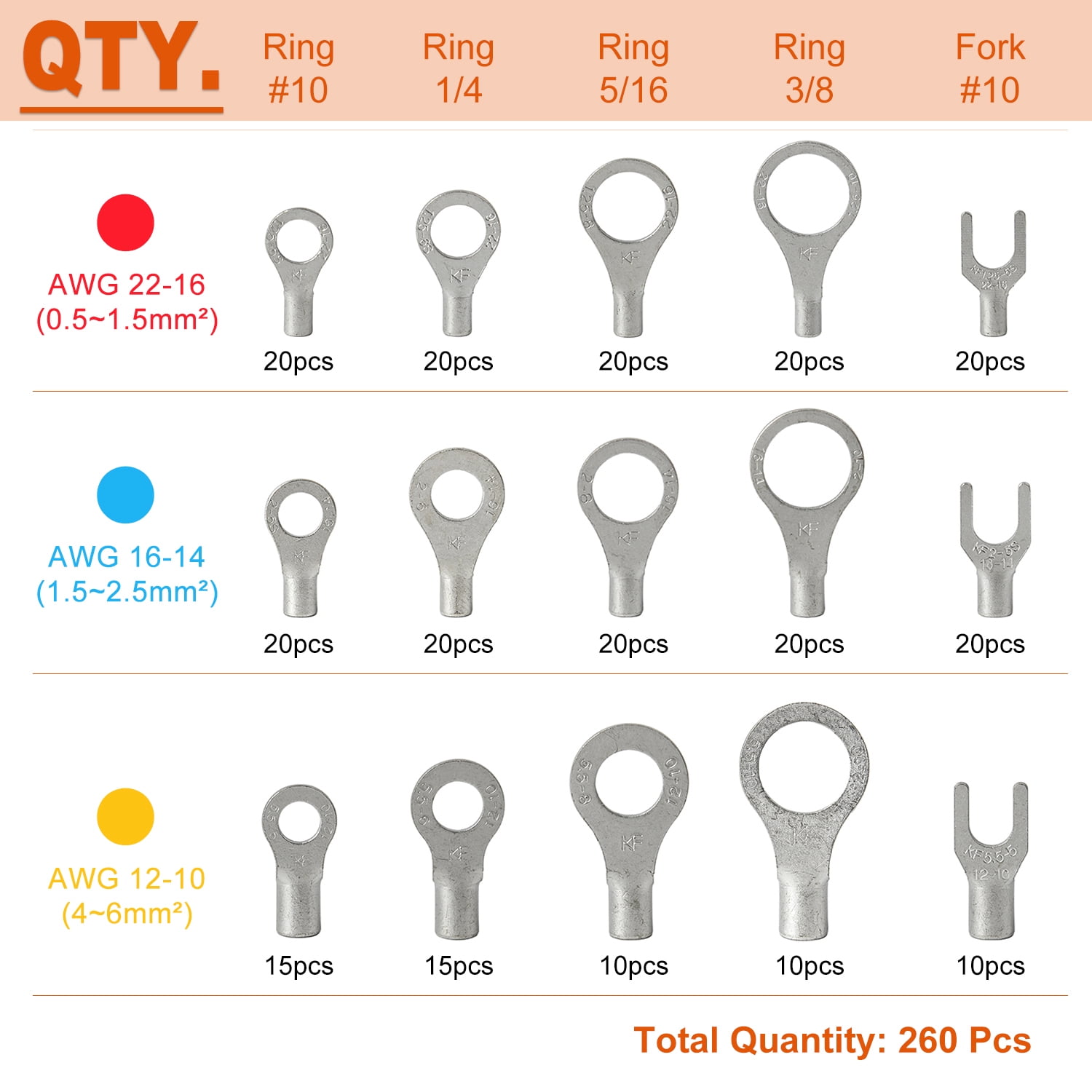 RockDIG 260PCS AWG 22-16 16-14 12-10 Copper Ring Fork Terminals Tin Plated Non-Insulated Electric Wire Connectors