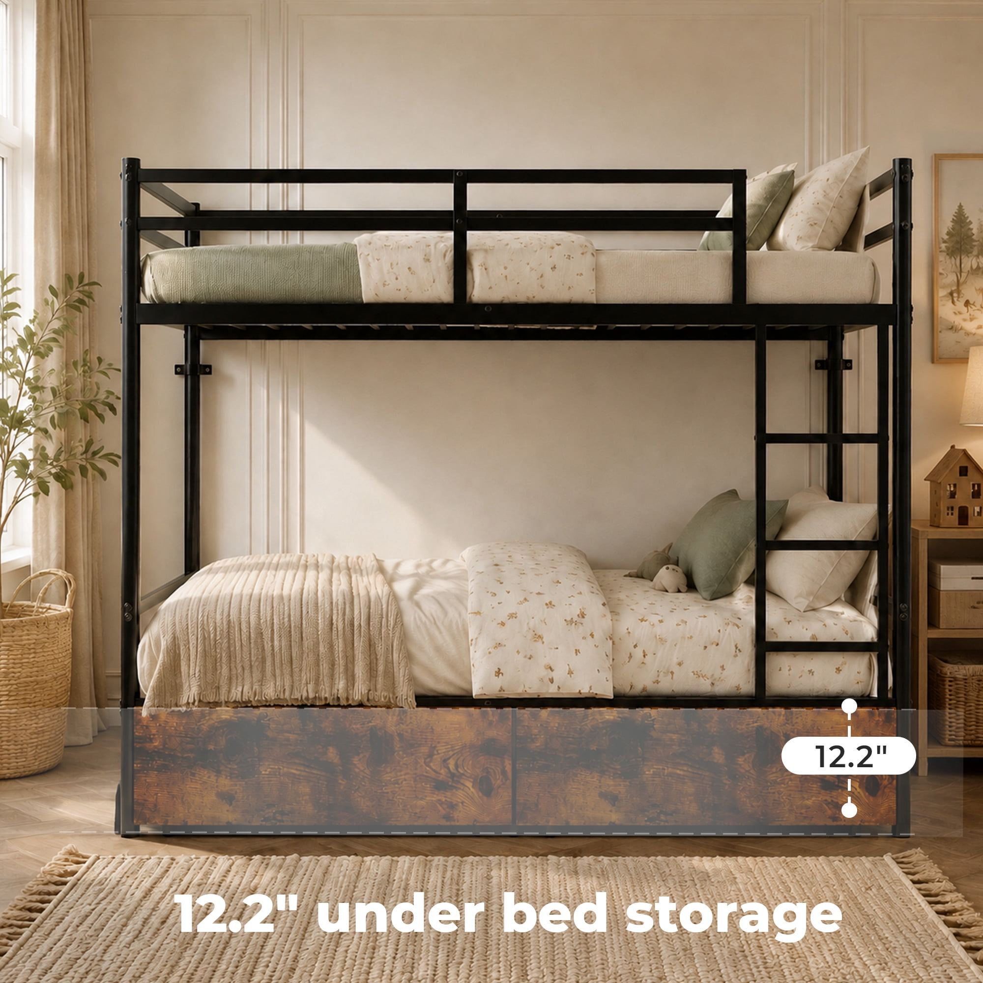 Alvantor Bunk Bed Twin over Twin for Kids, Metal Bunk Bed with Drawers Black