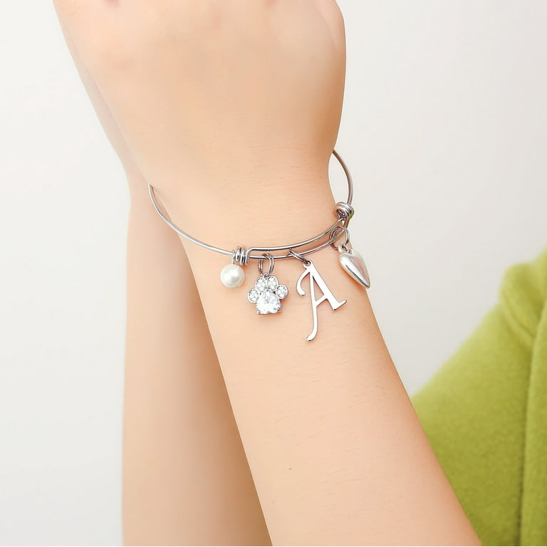 TINGN Dog Mom Gifts for Women Cubic Zirconia Letter F Initial Paw Print Dog Mom Charm Bracelet