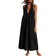 thumbnail image 3 of Yeaiivve Summer Dresses for Women 2026 Boho Halter Maxi Dress Deep V Neck Backless Linen Dress Lightweight Flowy Long Dresses for Travel Cruise Outfits Black,S, 3 of 8