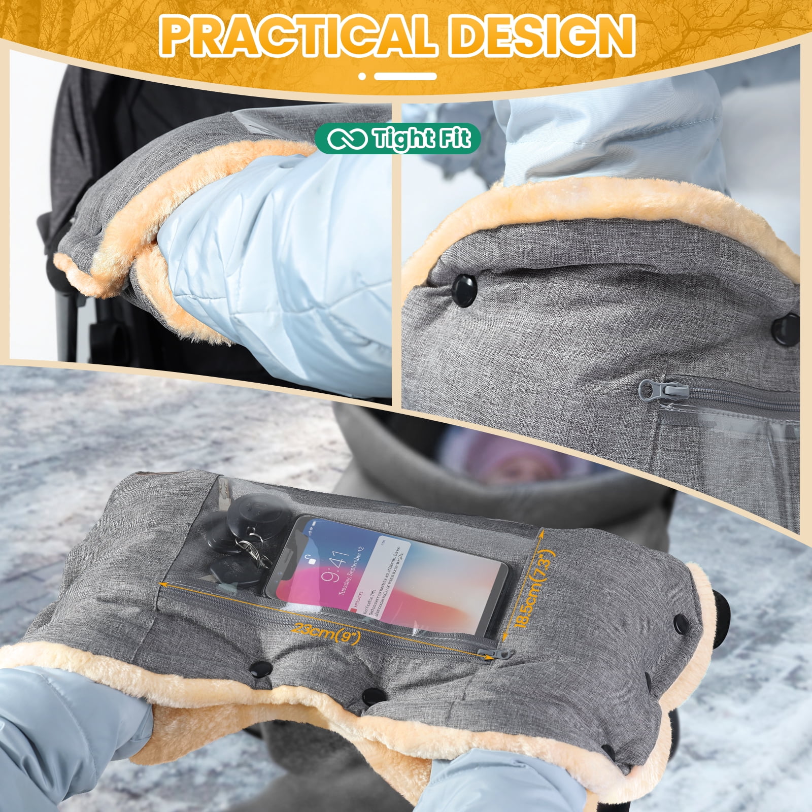 Orzbow Faux Sheepskin Stroller Gloves with Phone Pockets, Winter Extra Thick Mittens for Baby Stroller, Cozy & Warm, Anti-freeze Hand Muff Easily Attaches to Stroller for Parents Caregivers, Grey