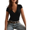thumbnail image 2 of Camiseta de Mujer con Escote en V Profundo, Color Liso, Corta, Ajustada, para y Verano. Negro L, 2 of 10