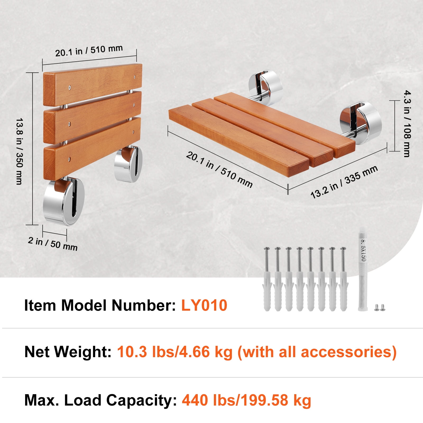 VEVOR Folding Teak Shower Seat, 20.1" x 13.2" Unfolded, Wall Mounted Fold Up Shower Bench with 440 lbs Load Capacity, Space Saving Home Care Fold Down Shower Chair, for Seniors Pregnant Women