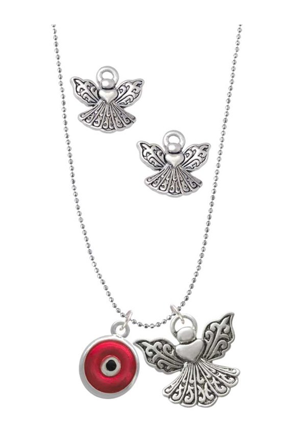 Silvertone Red Evil Eye Good Luck Silver tone Guardian Angel Charm Necklace and Stud Earrings