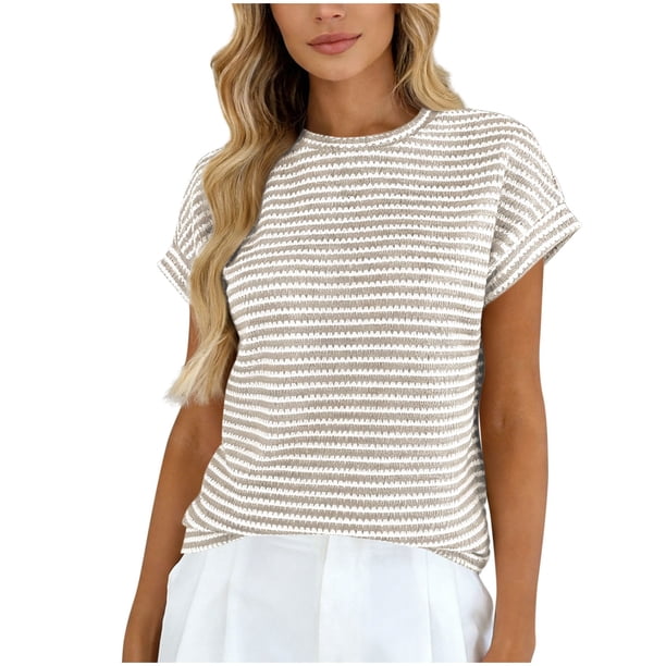 Moda de Verano de las Mujeres Casual Montado Color Sólido Cuello Redondo de Punto Camiseta de Poliéster Ligero Suave Cómodo de Manga Corta