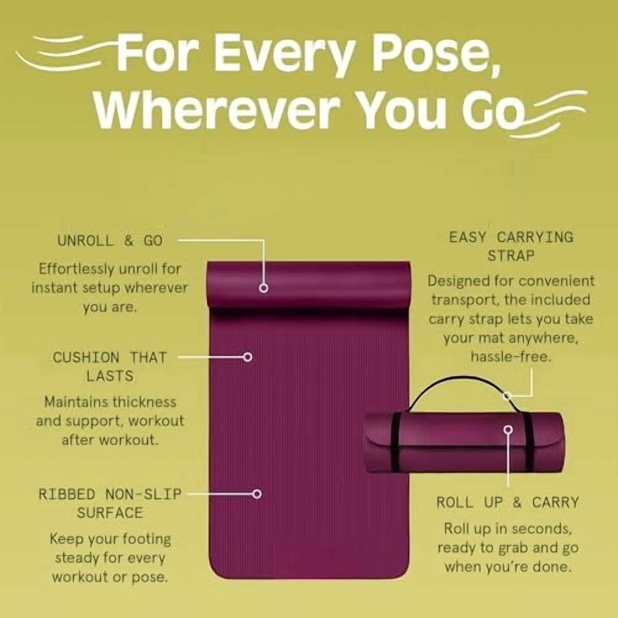Solana Yoga Mat 1" Thick w/Nylon Strap for Men & Women - Non Slip Exercise Mat for Home Yoga, Pilates, Stretching, Floor & Fitness Workouts Boysenberry,1 inch