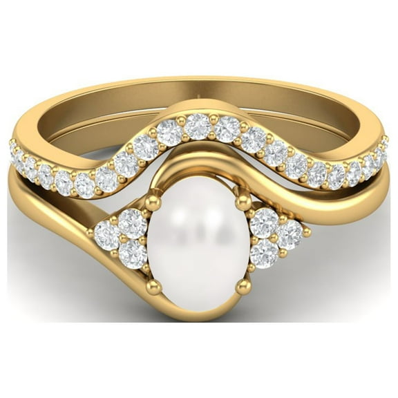 1.55 Ctw Pearl 925 Sterling Silver Gold Vermeil Classic Dual Band Women Bridal Ring