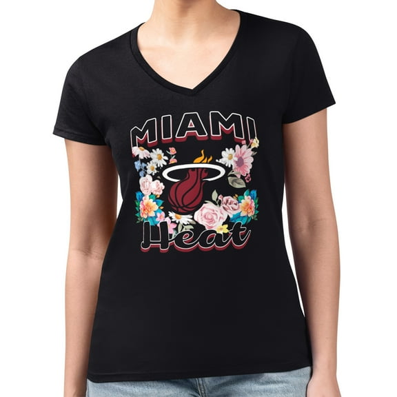 Women's G-III 4Her by Carl Banks Black Miami Heat Super-Slim Fit Lightweight Flowers Team Logo Graphic V-Neck T-Shirt