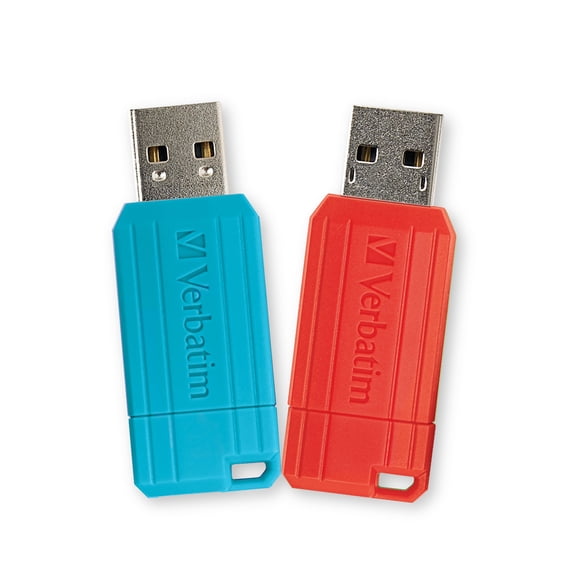 Verbatim PinStripe 64GB USB Flash Drive 2-Pack, USB 2.0, Retractable, Red/Caribbean Blue