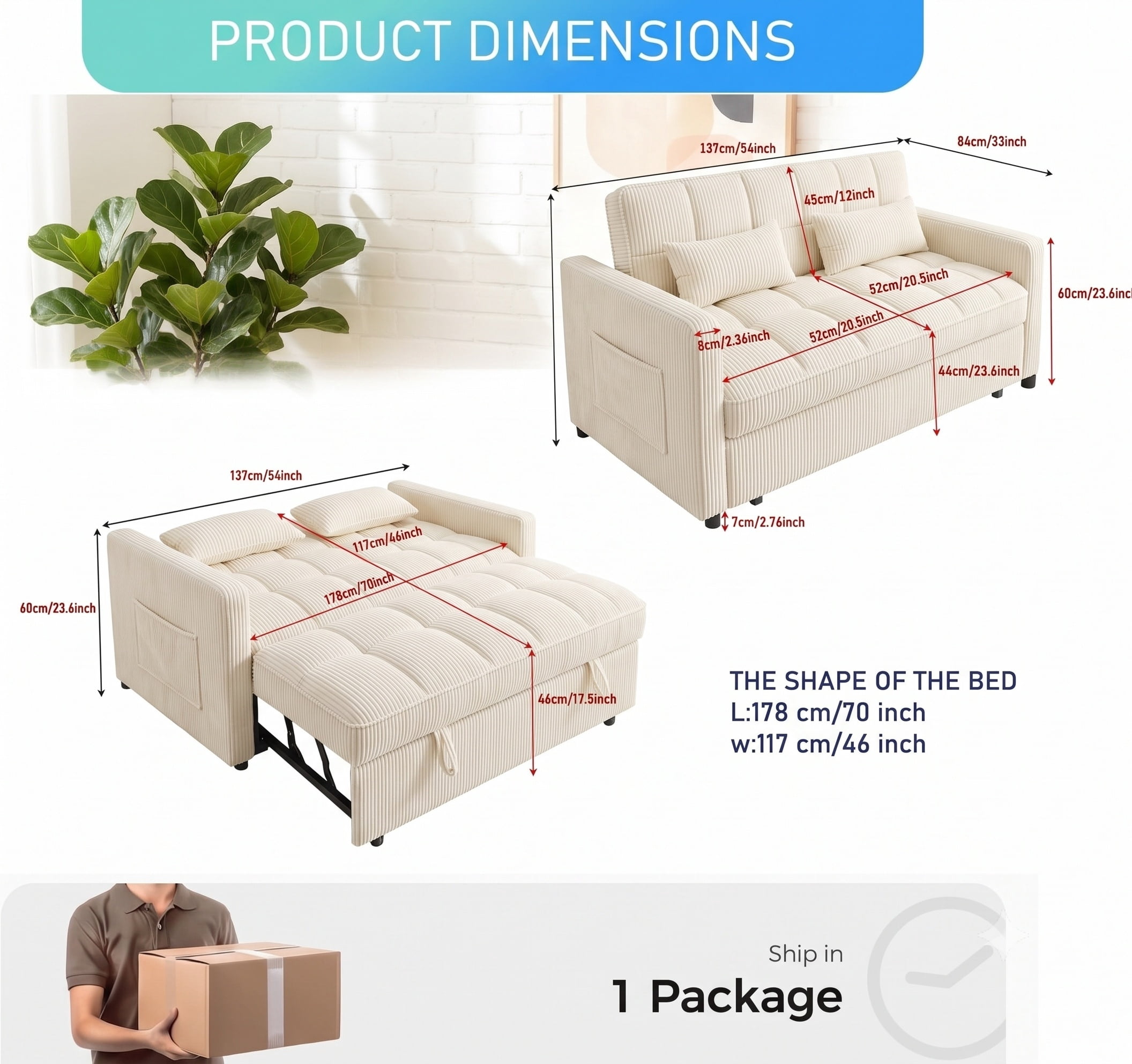 Howcool Sleeper Sofa Bed, Pull Out Couch, 3-in-1 Convertible Loveseat Sofa with Adjustable Backrest, Corduroy Couch for Living Room, Apartment & Small Space, Beige