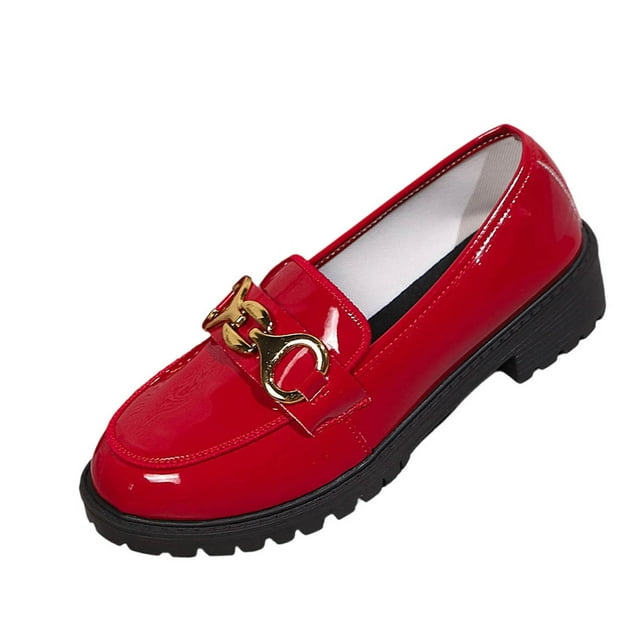 Wdhugt Mocassins pour Femmes à Bout Rond Ballerines en Cuir Brillant Pendentif en Métal Chaussures Décontractées Rouges Taille 42 Eu 9 Us 26cm/10.24 Po