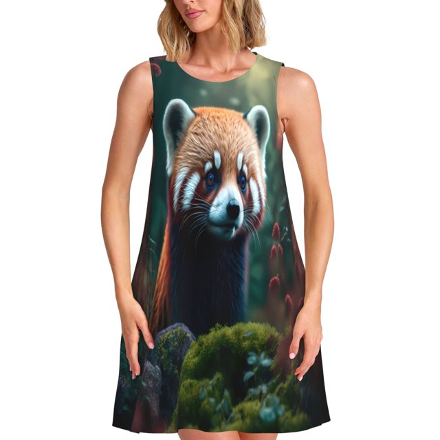 Easygdp Forest Plant Raccoon para Vestido Transpirable de Mujer, Vestido Suelto de Manga Corta con Pliegues y Bolsillos para el Verano