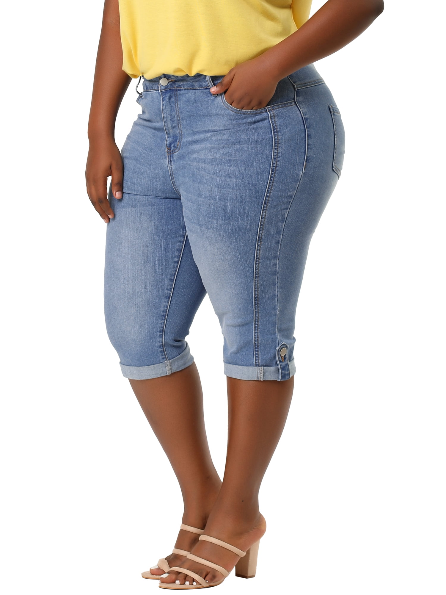 Unique Bargains Juniors' Plus Size Shorts Chambray Ripped Denim Capri Jeans Light Blue 2X