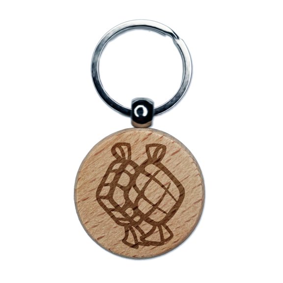 Ketupat Woven Rice Cakes Indonesia Food Round Keychain Charm Tag - Engraved Wood
