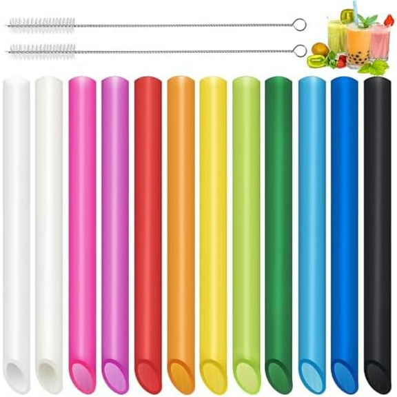 12 Pcs Wide Plastic Straws for Boba Tapioca Pearls Milkshakes Smoothies Reusable Dishwasher Safe with 2 Brushes Multicolor