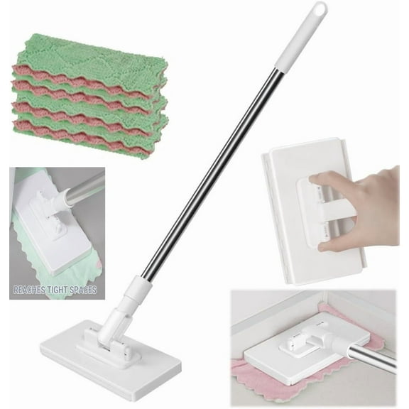 Disposable Dust Mop with 4 Reusable Cloths, Flat Mop with Disposable Pads, Long Handle Wet and Dry Mopping Sweeper Stick with Locking Head & Sweeping Cloths for Multi Surface Floor Cleaning
