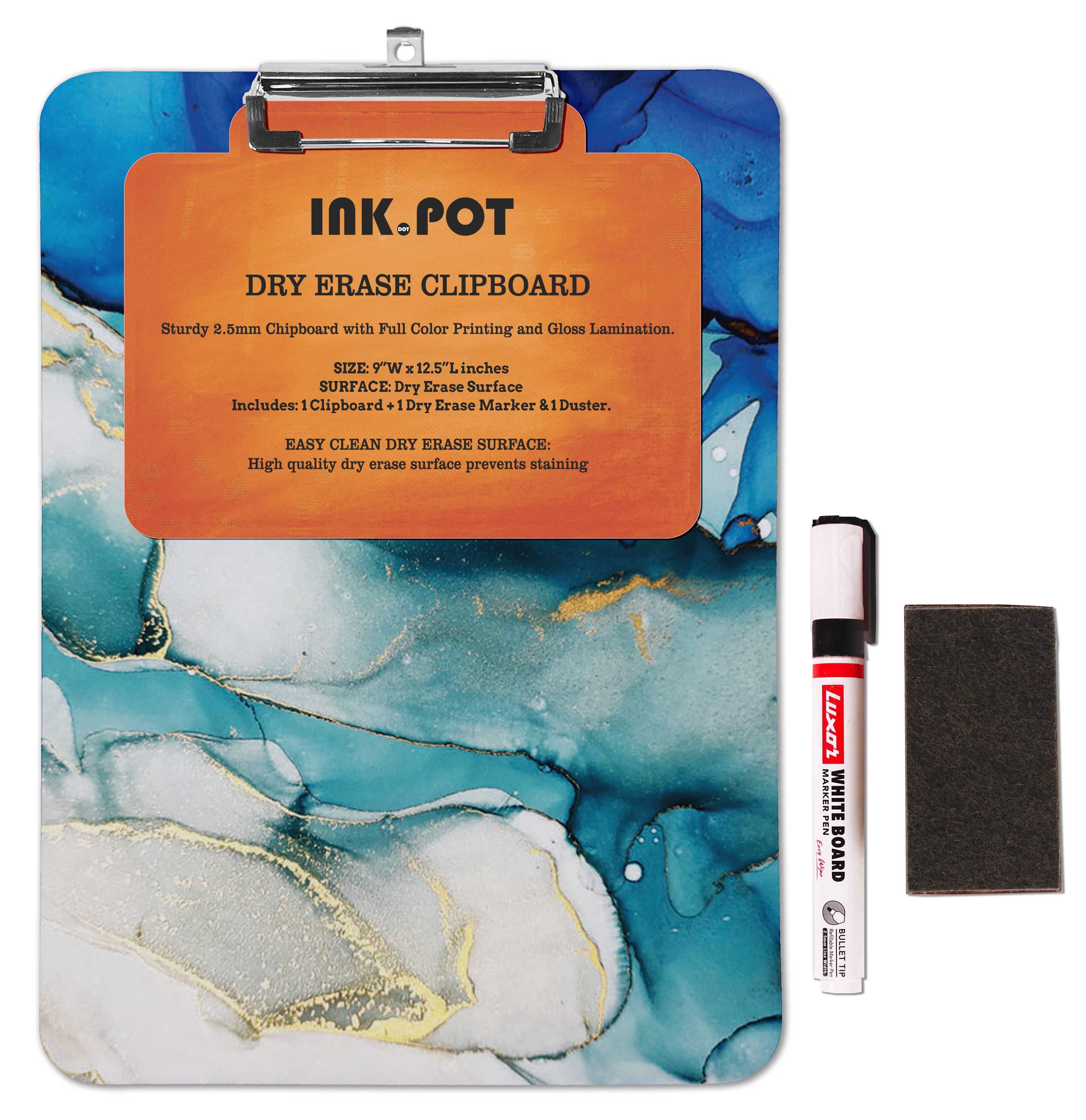 Inkdotpot Dry Erase Double Sided Clipboard Marble Watercolor Printed Paperboard Clipboard With Free Marker & Duster
