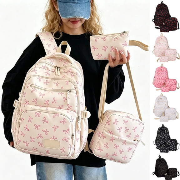 JULMCOMO Cute Bow Print Backpack 3Pcs Set Nylon Lightweight Kawaii School Backpack Matching Casual Crossbody Purse and Pencil Case Pink