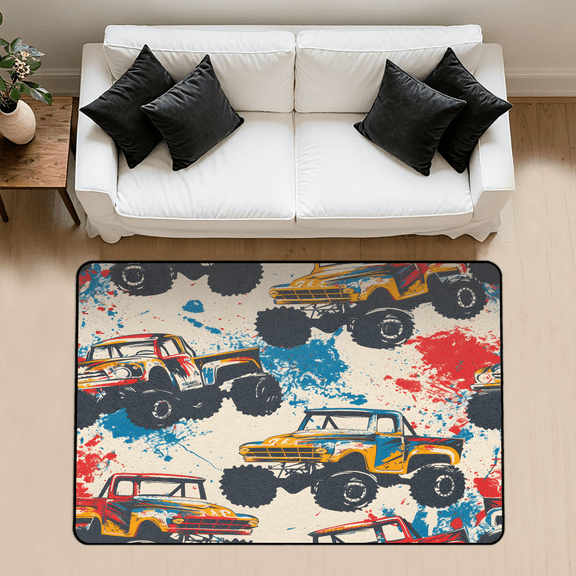 CURLYOOT Cool Monster Trucks Cars Area Rug 3x5 Ft Rugs for Entryway Entrance Kitchen, Washable Non Slip Indoor Floor Carpet for Bedroom Living Room