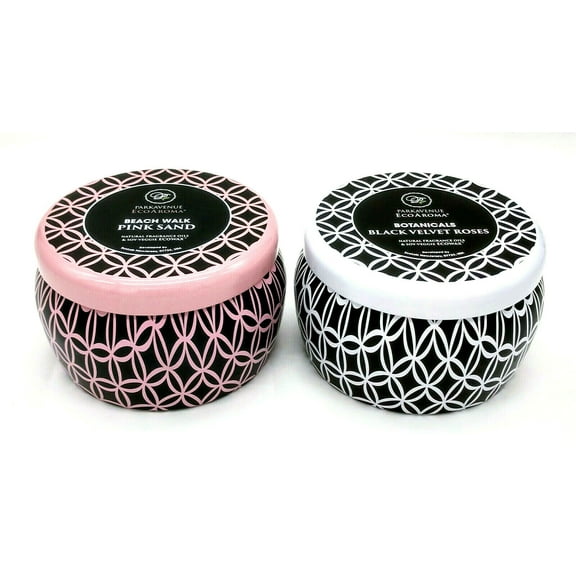 CocoSoy Eco Aroma Tin Candles Organic Natural Botanicals 2-Pack Multiple Scents - Pink Sands & Black Velvet Roses