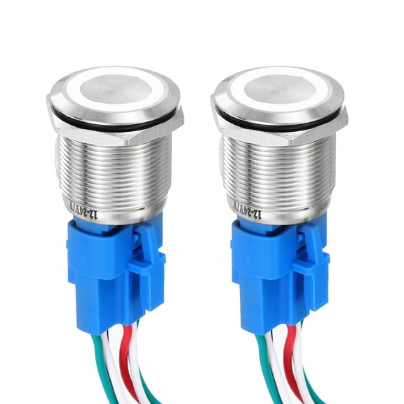 2 Pcs 5/8" Stainless steel Button Switch 5Pin 1NO1NC 5A 12-24V Silver Flat Button White Ring Lamp